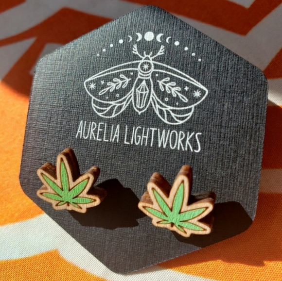 Hand Crafted Jewelry - Laser cut cannabis leaf stud earrings